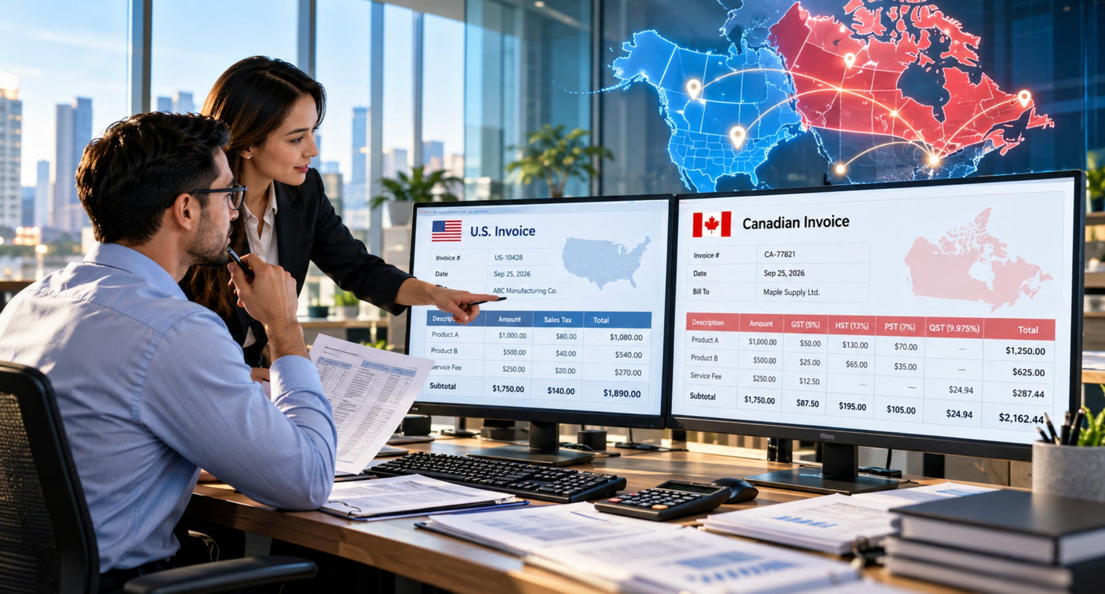 Accounting professionals reviewing U.S. and Canadian invoices on dual monitors beneath a map of cross-border connections.