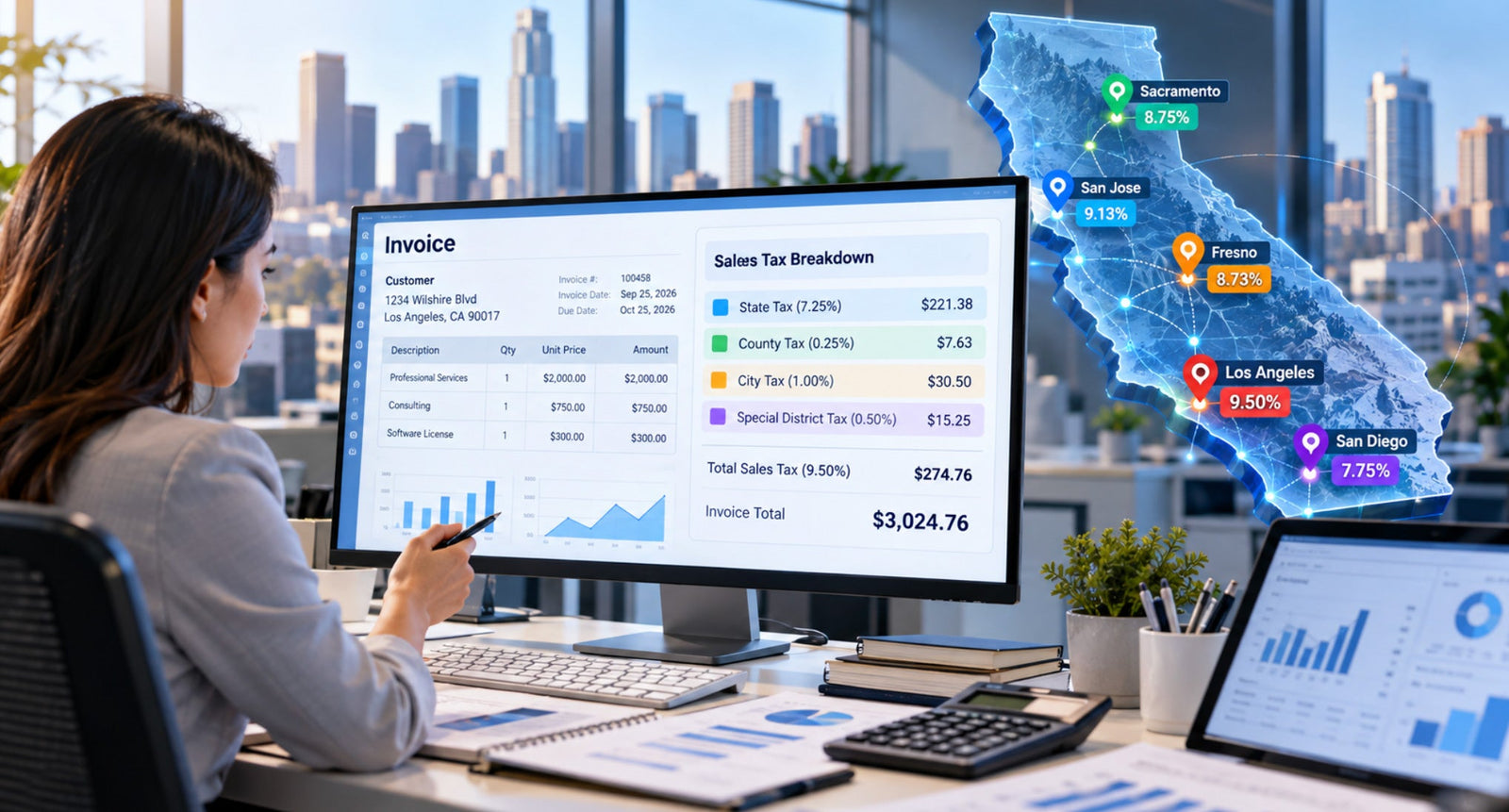 Accountant reviewing an invoice and sales tax breakdown beside a California map showing different city rates.