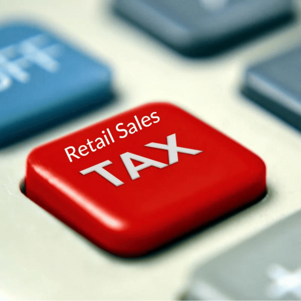 Close-up image of a calculator with a prominent red 'Retail Sales TAX' button, highlighting the essential tools for calculating sales tax in retail, symbolizing financial accuracy and tax compliance.