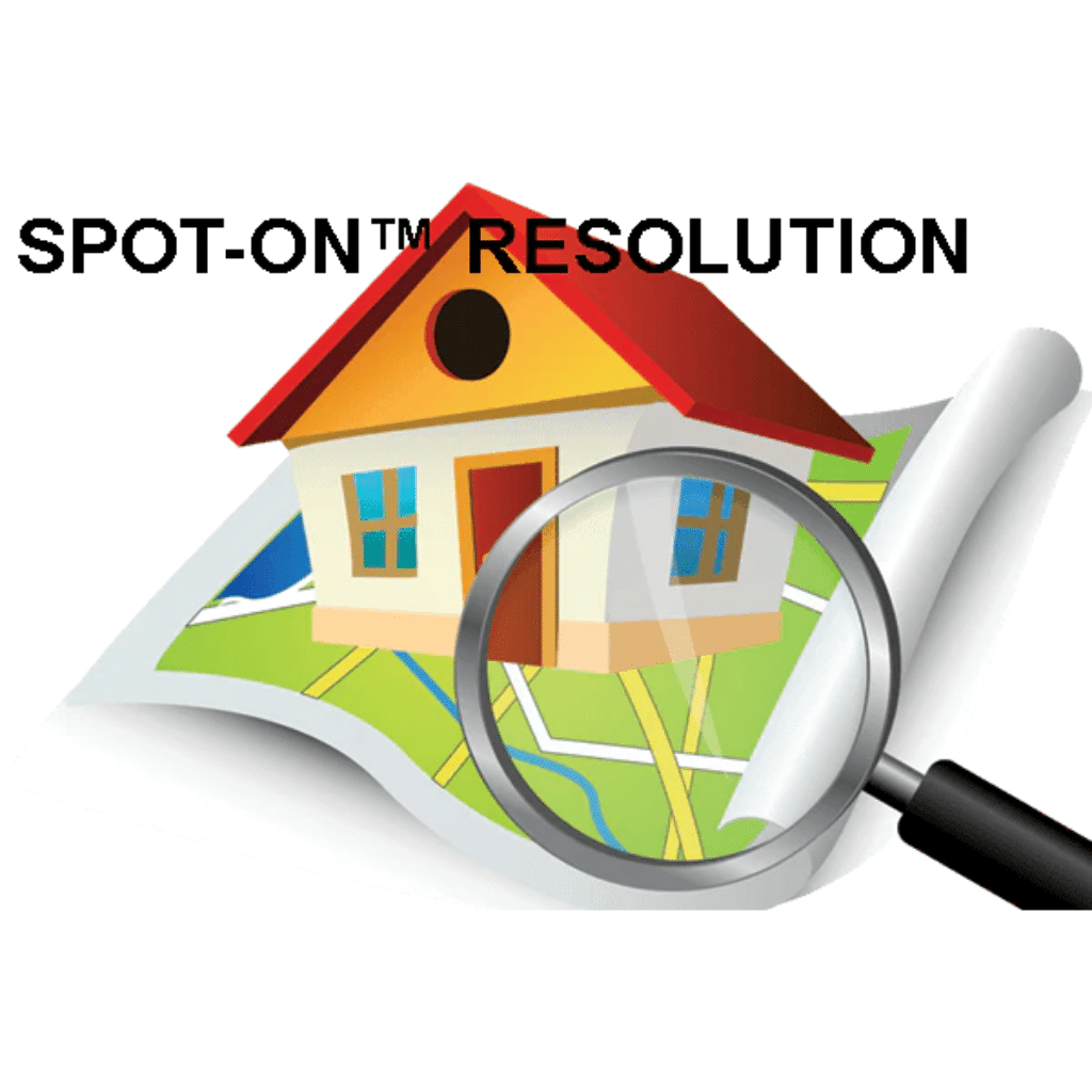 Colorful illustration of Zip2Tax's SPOT-ON™ Resolution feature, depicting a magnifying glass over a house and map, symbolizing precise sales tax calculations down to the exact address for accurate tax compliance